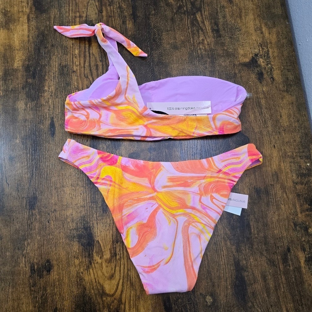 AQUA Pink Orange White Swirl One Shoulder Bikini Top Bottom Set Medium - Picture 3 of 8